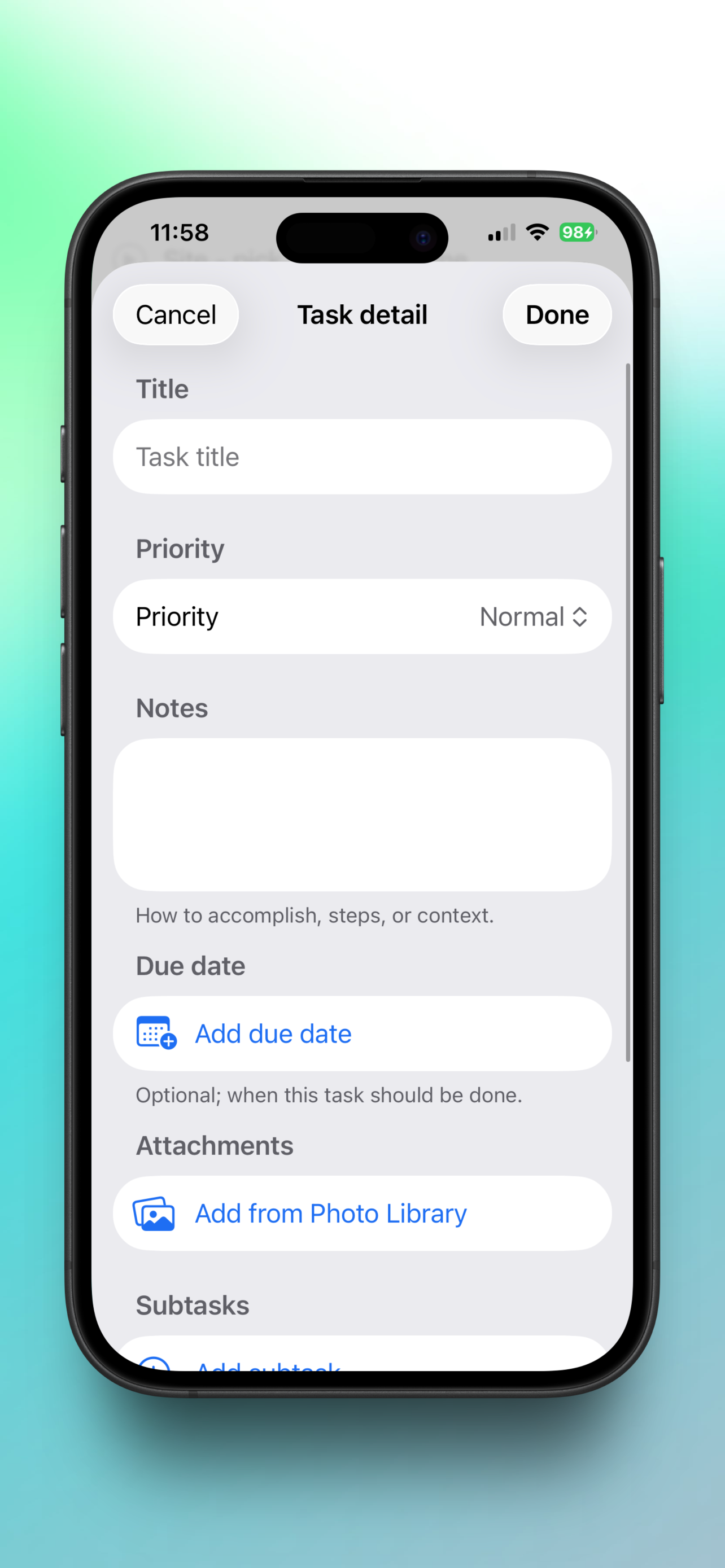 Vale Notes task detail sheet with notes and subtasks
