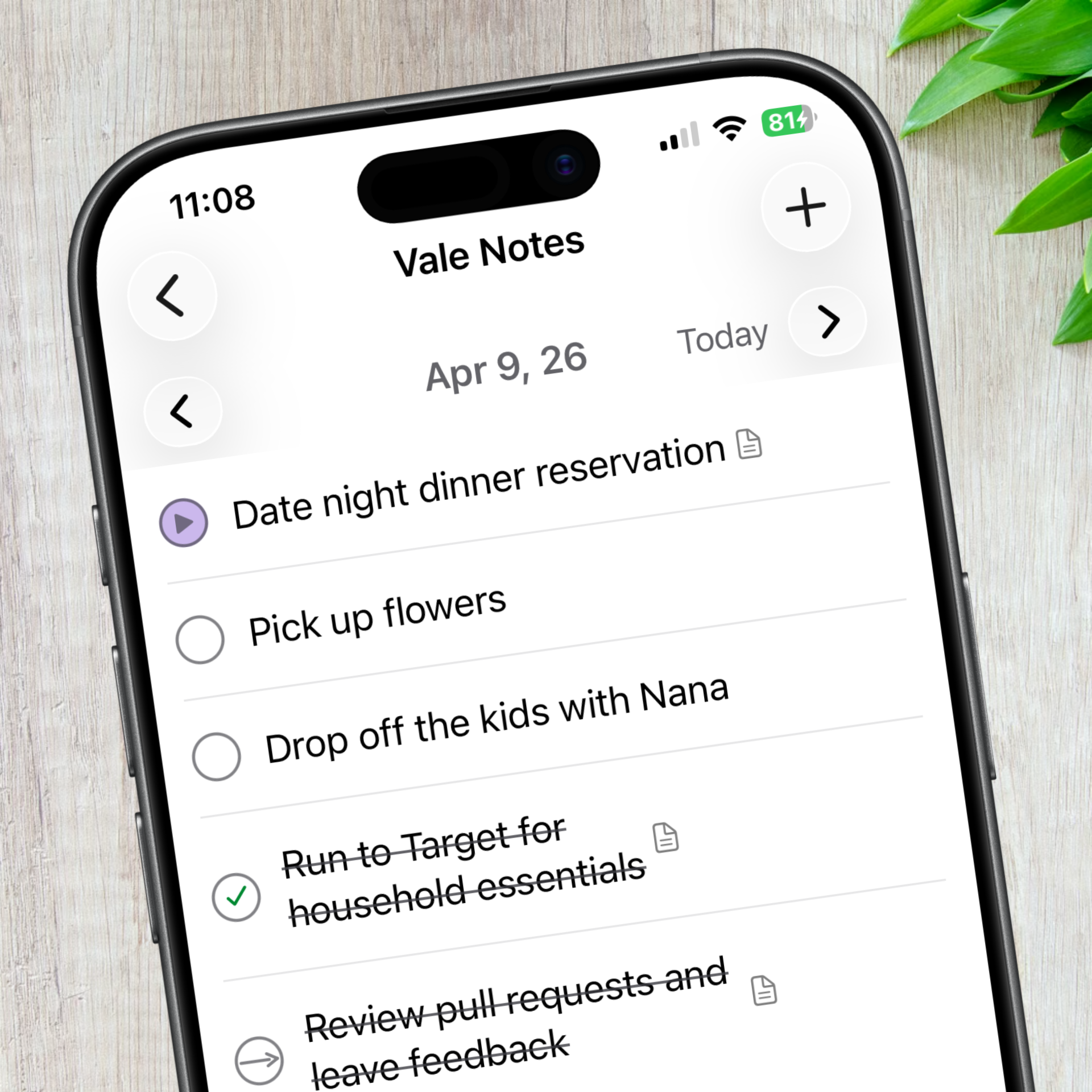 Vale Notes — today's task list