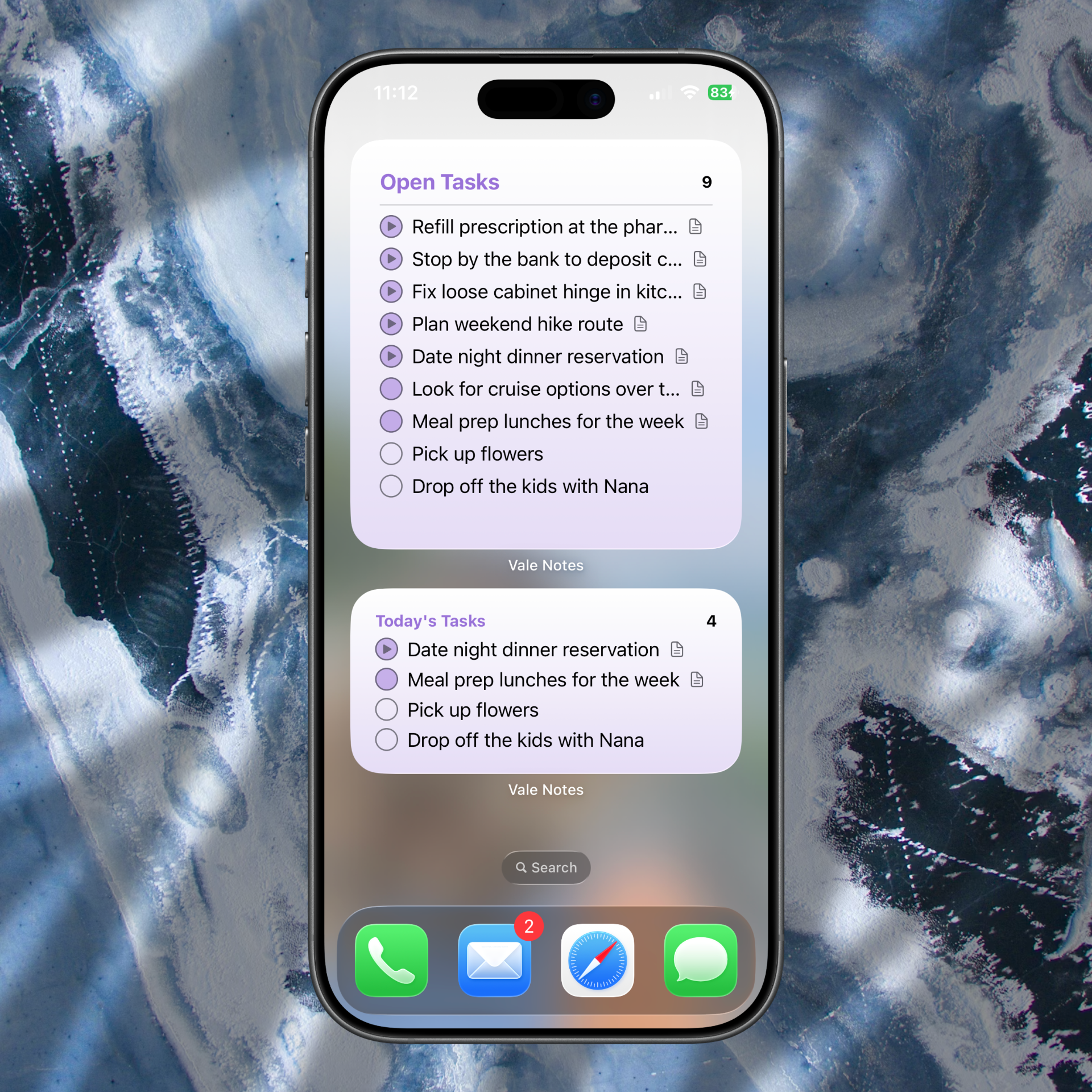 Vale Notes widget on iPhone home screen